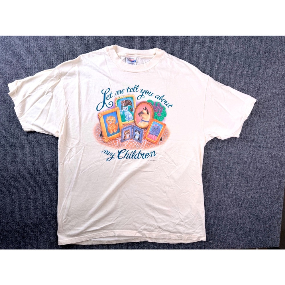 Vintage Hanes Beefy-T Cat Graphic Tee XL Cream Y2K 90s Shirt 1999 USA Made